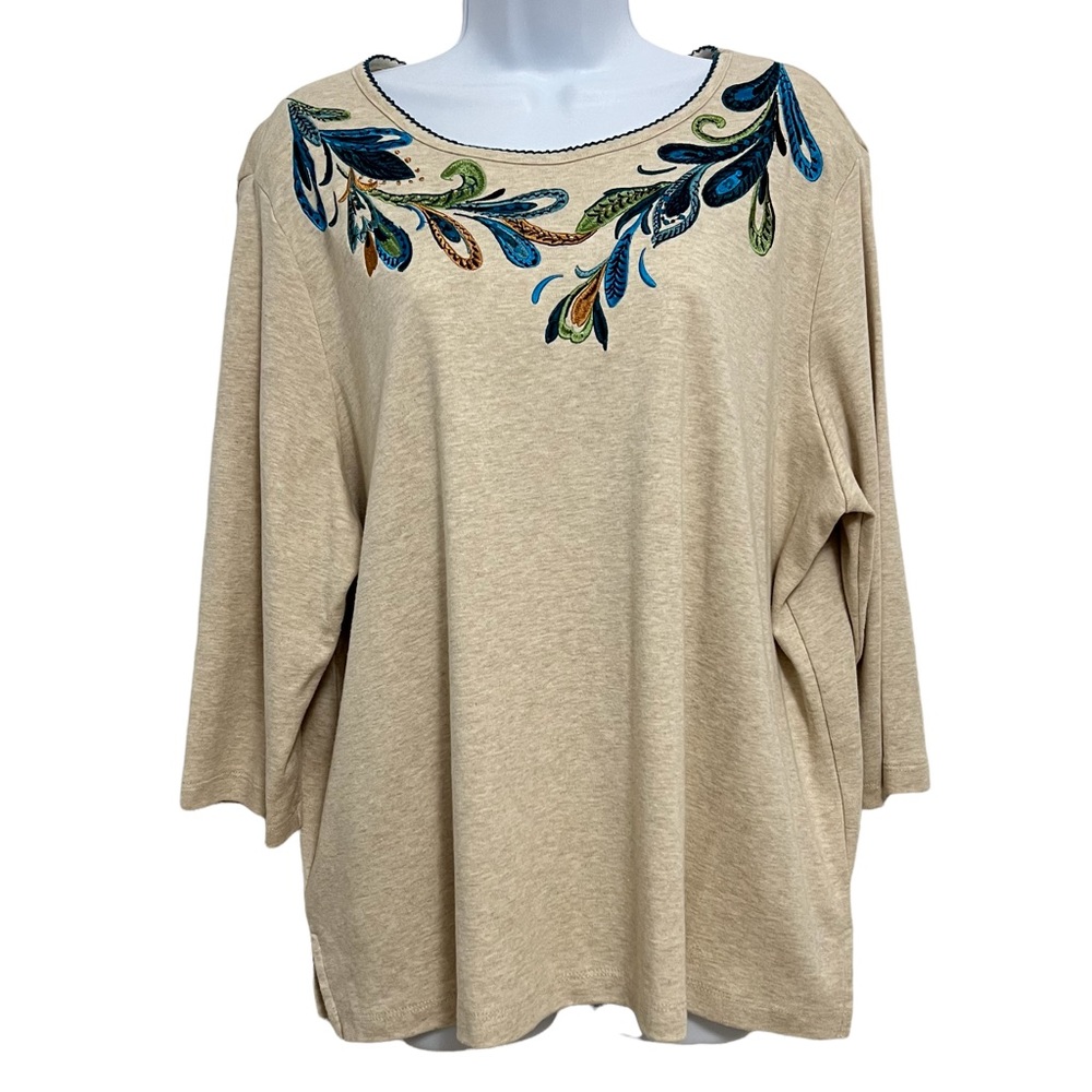 Alfred Dunner Beige Long Sleeve Top with Blue & Green Embroidered Yoke